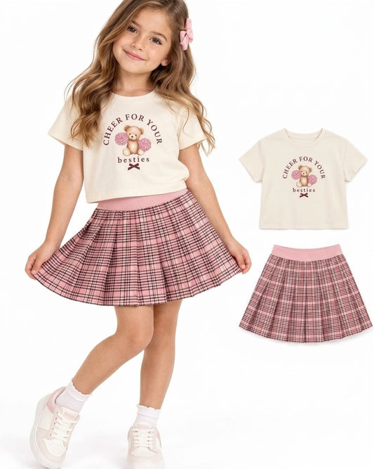 CONJUNTO FALDA CUADRICULADA ROSA CAMISA CON OSO