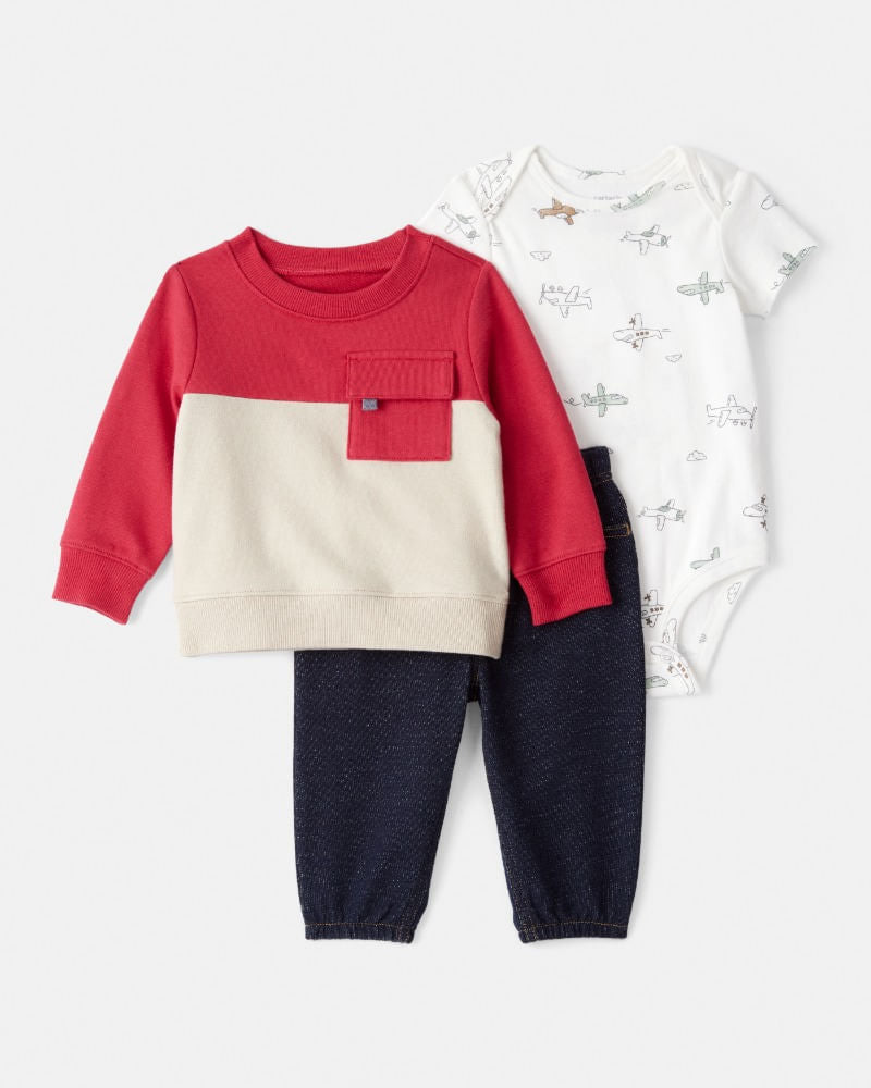 Set de Mameluco Estampado de Aviones, Sueter y Jean