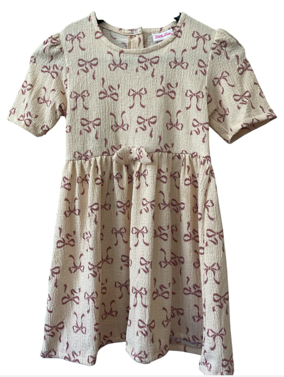 Vestido Beige Con Moños Rosados