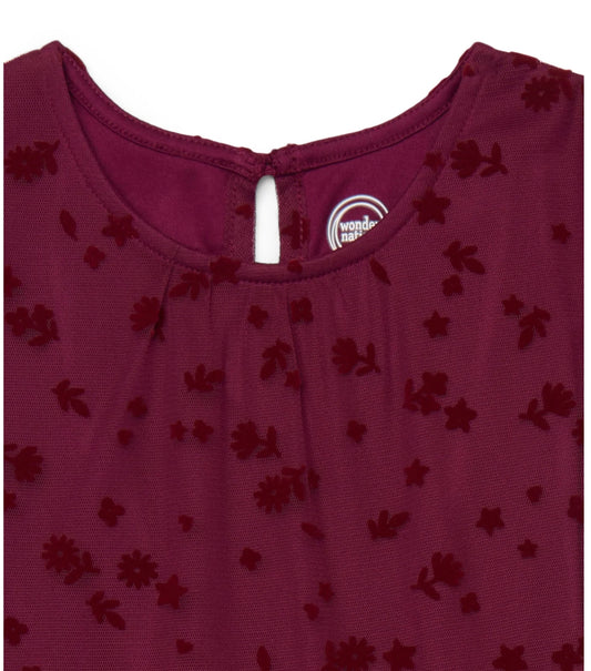 Vestido Tul Flores Rojo Vino