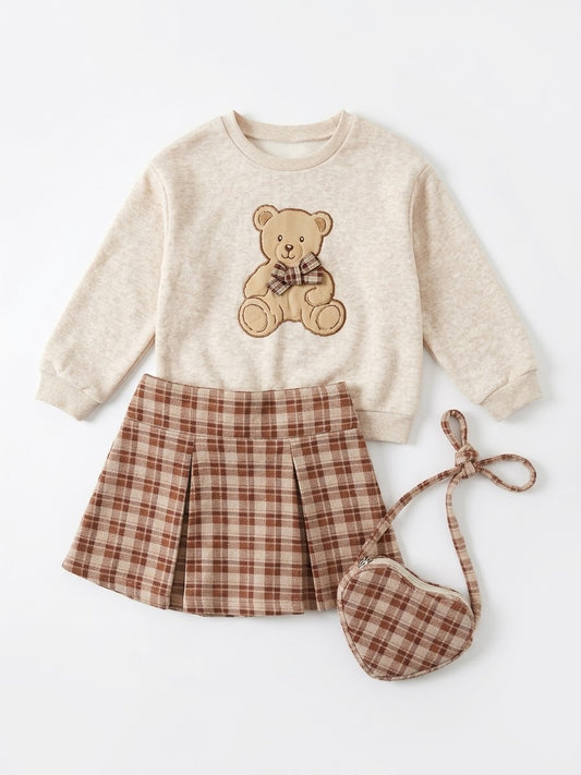 SET 3 PIEZAS FALDA CUADRICULADA CON OSO