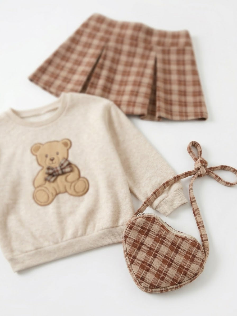 SET 3 PIEZAS FALDA CUADRICULADA CON OSO