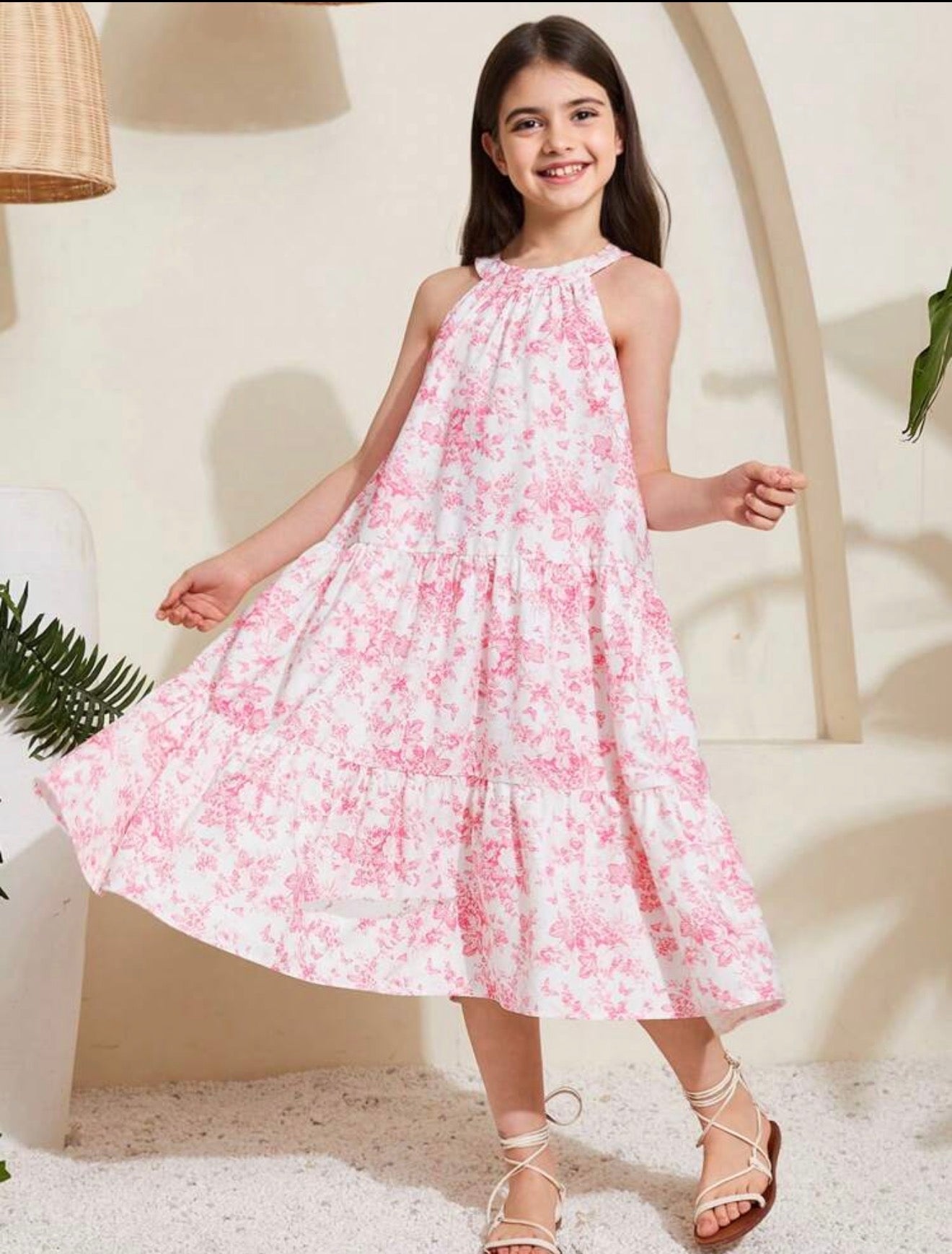 VESTIDO ROSADO FLOREADO CUELLO ALTO