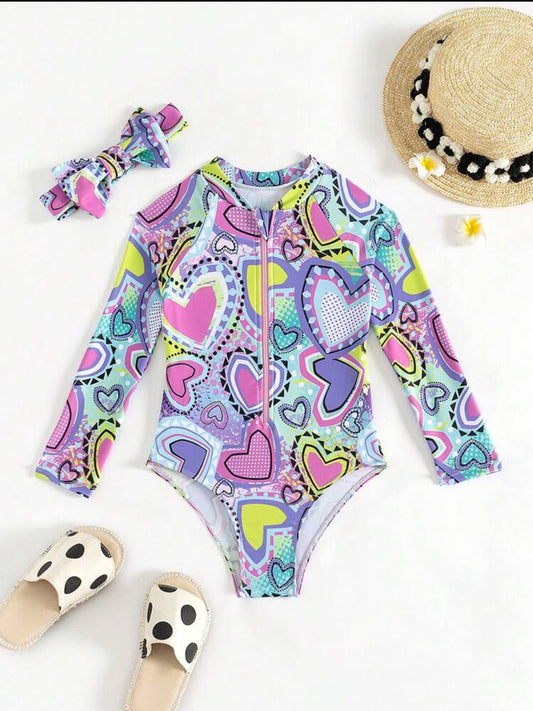 Traje de baño multicolor corazón y vincha