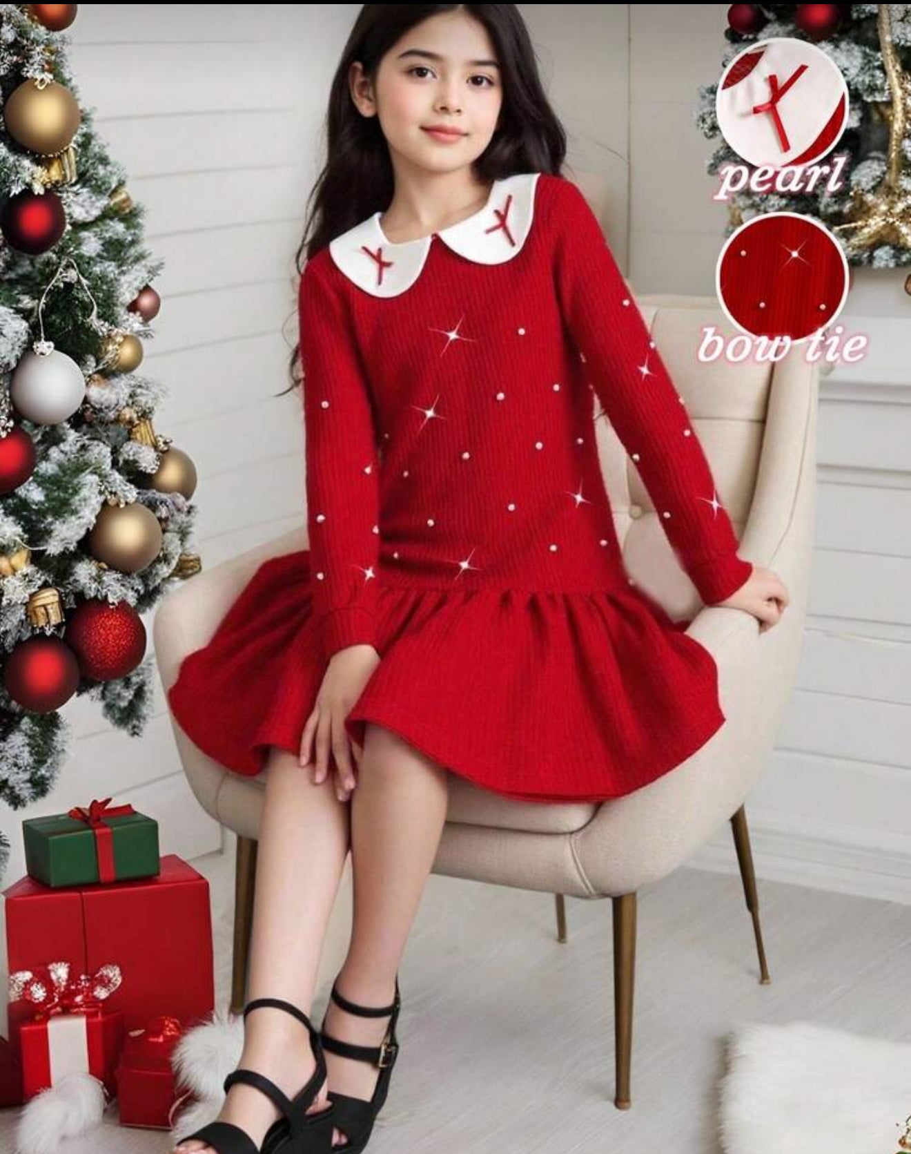 Vestido rojo cuello y perlas