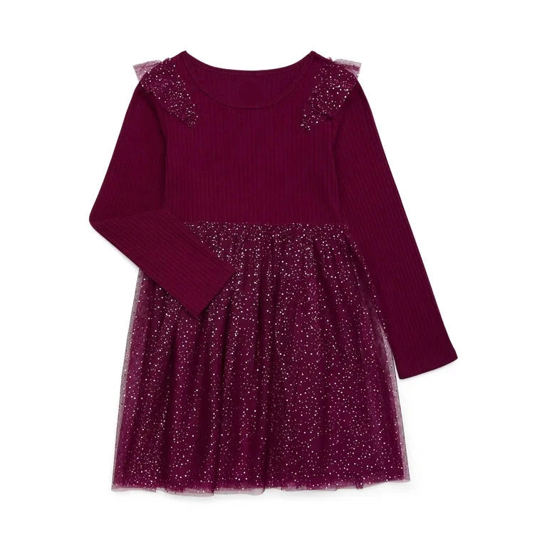 Vestido Rojo vino Manga con falda tul