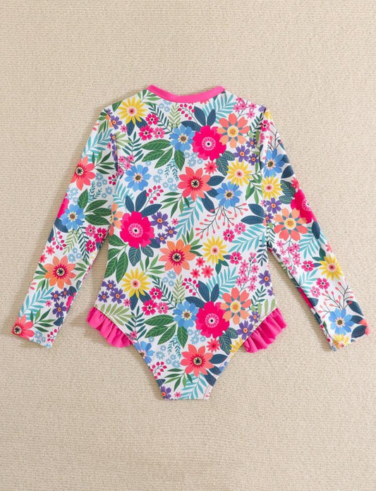 Traje de Baño Manga Larga 2 flores fuscia