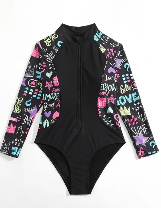 Traje de Baño Manga Larga Multicolor y negro