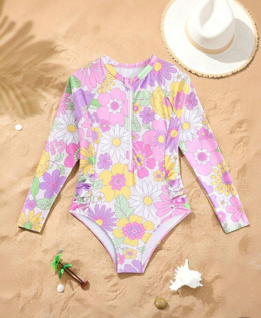 Traje de Baño Manga Larga flores moradas
