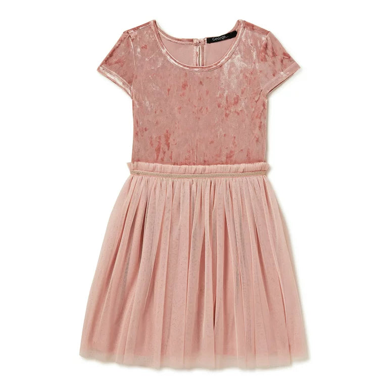 Vestido rosado terciopelo y tul con brillos