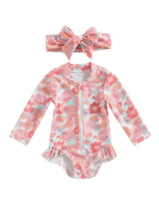 Traje de baño bebe flores vincha rosada