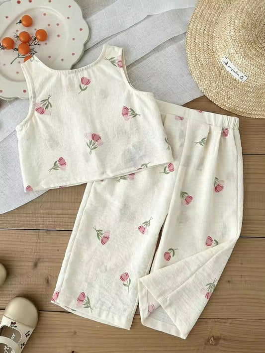 CONJUNTO BEIGE TULIPANES chonguito rosa