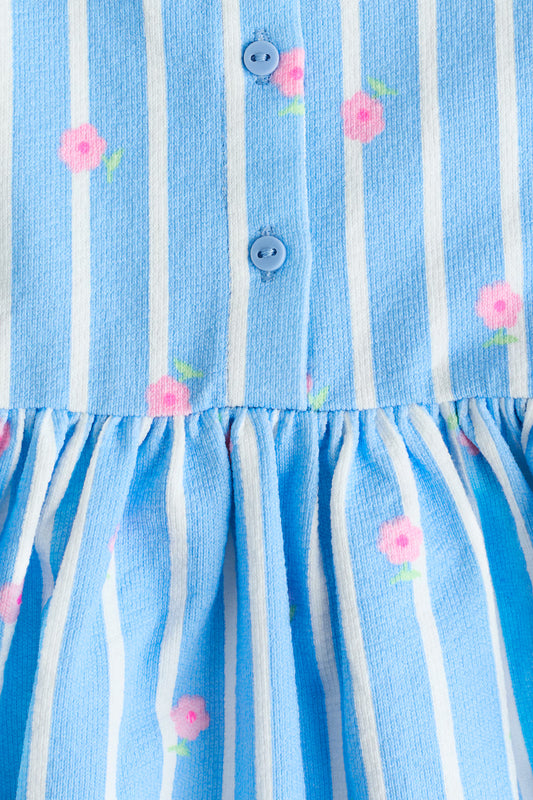 VESTIDO RAYADO AZUL CON FLORES ROSADAS
