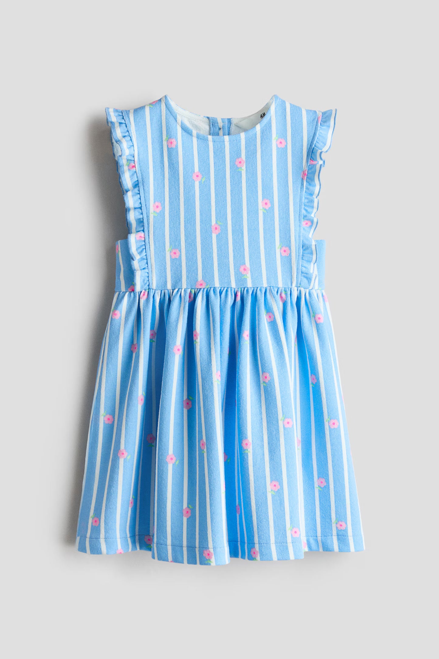 VESTIDO RAYADO AZUL CON FLORES ROSADAS