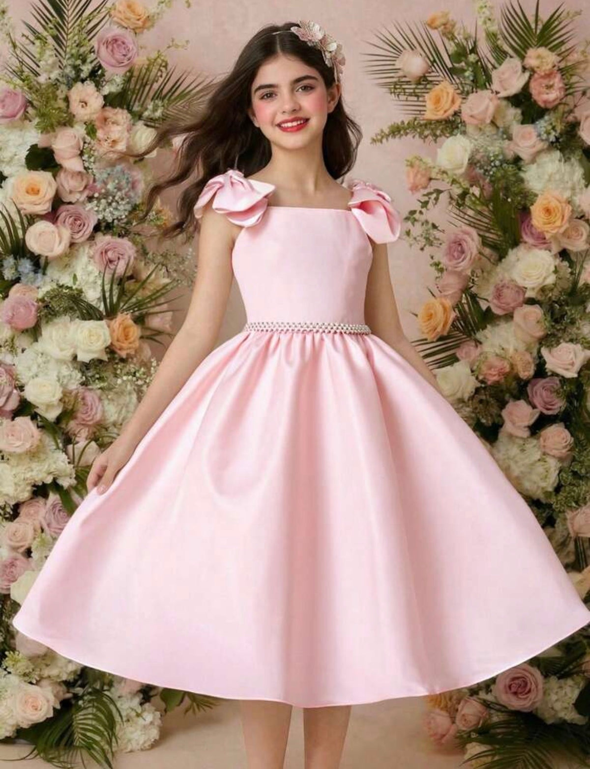 Vestido satin Rosa fajita de Perlas