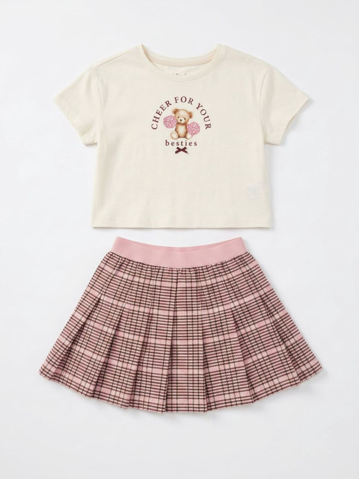 CONJUNTO FALDA CUADRICULADA ROSA CAMISA CON OSO