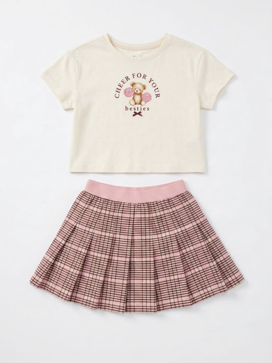 CONJUNTO FALDA CUADRICULADA ROSA CAMISA CON OSO