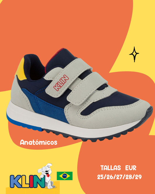 TENIS KLIN TODDLER  GRIS. AZUL Y AMARILLO