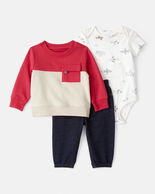 Set de Mameluco Estampado de Aviones, Sueter y Jean