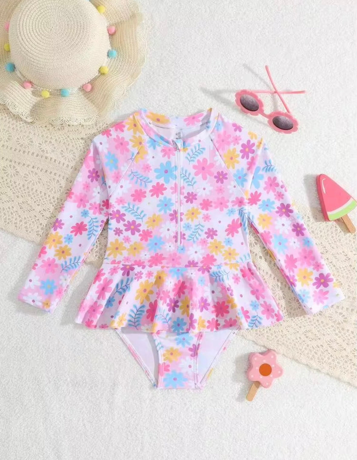 TRAJE DE BAÑO ROSA MANGA LARGA FLOREADO