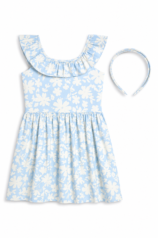 VESTIDO CELESTE FLORES DIADEMA