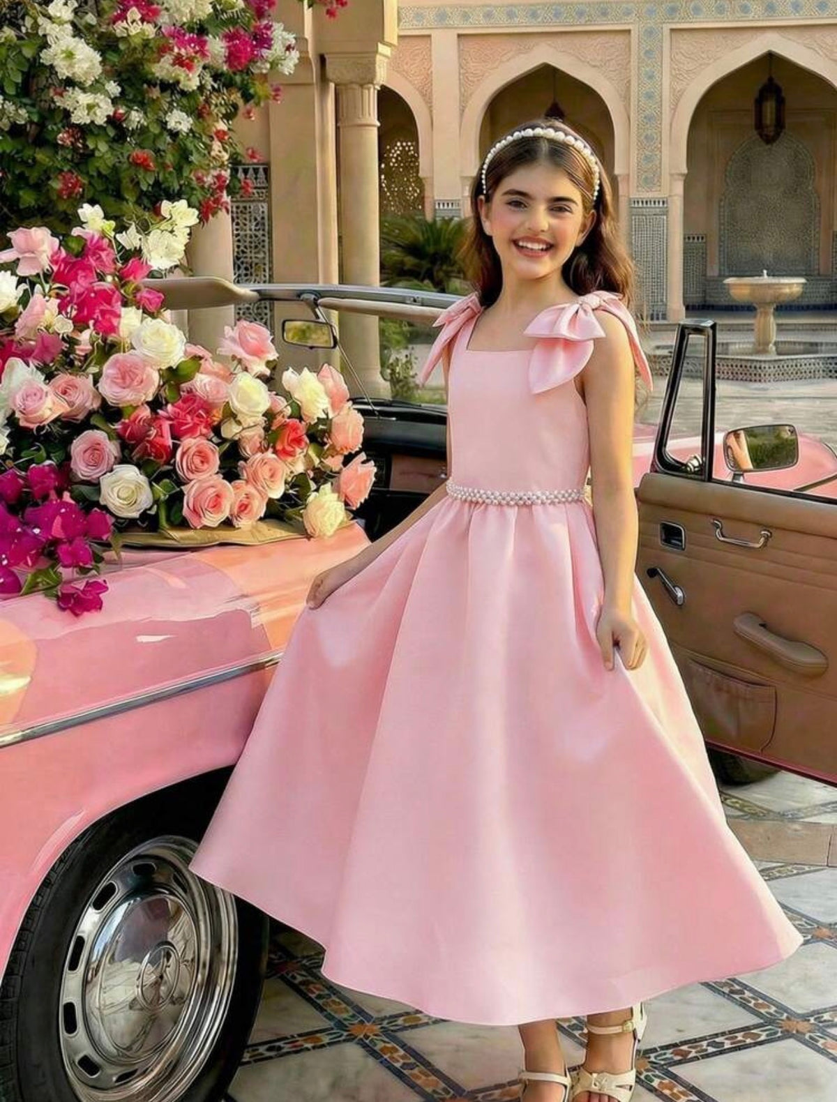 Vestido satin Rosa fajita de Perlas