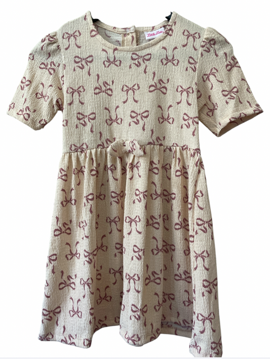 Vestido Beige Con Moños Rosados