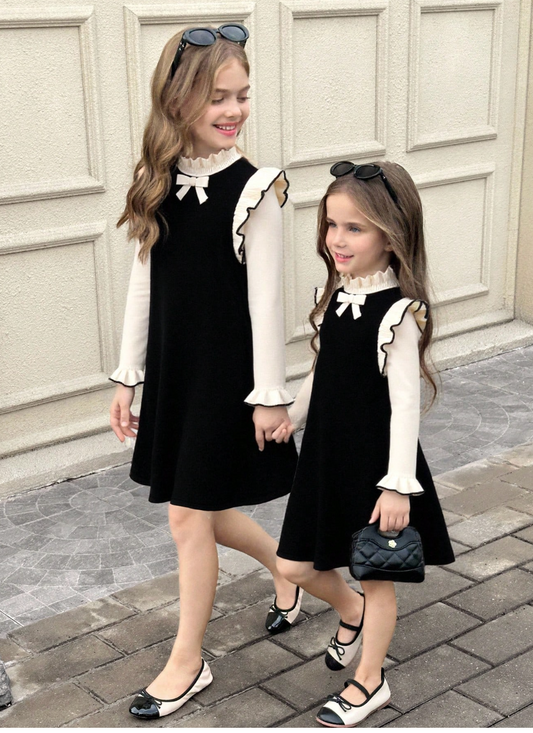 Vestido Sueter  Negro con detalles Beige