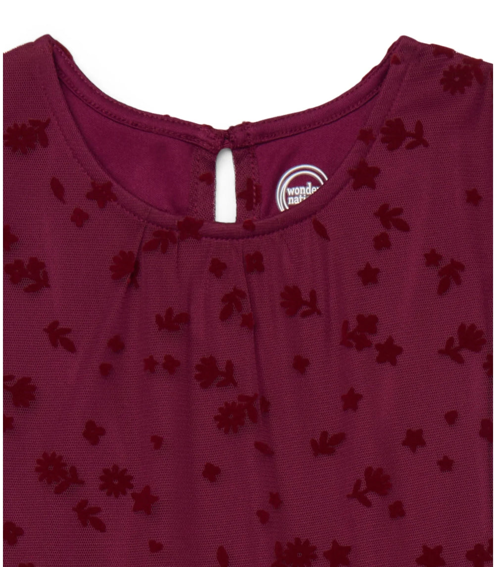 Vestido Tul Flores Rojo Vino