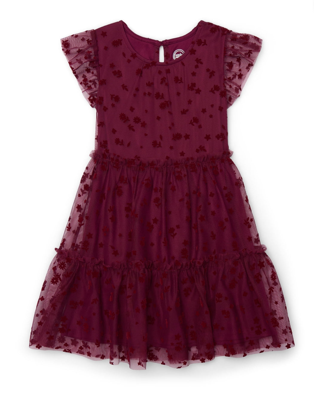 Vestido Tul Flores Rojo Vino