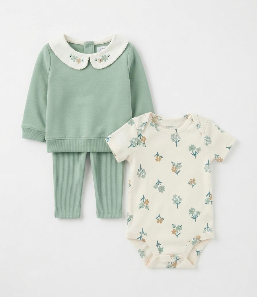 SET 3 PIEZAS VERDE FLOREADO