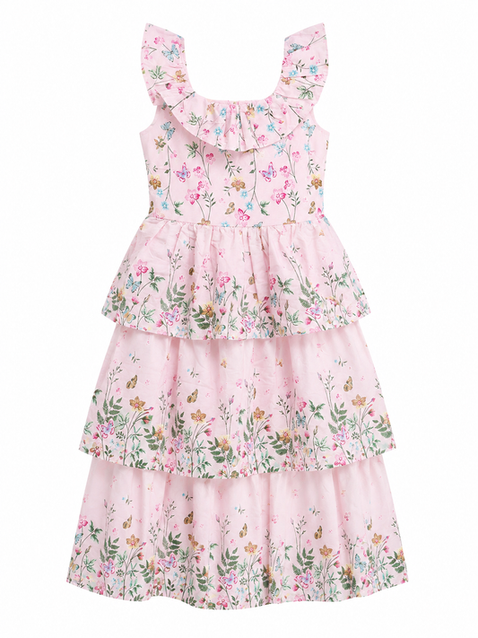 VESTIDO CON VUELO FLORAL ROSA