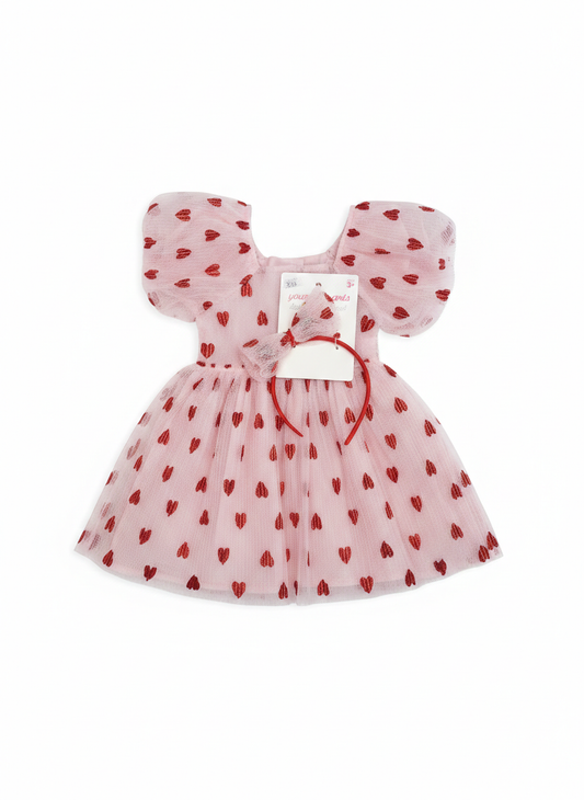 VESTIDO ROSA CORAZONES ROJOS