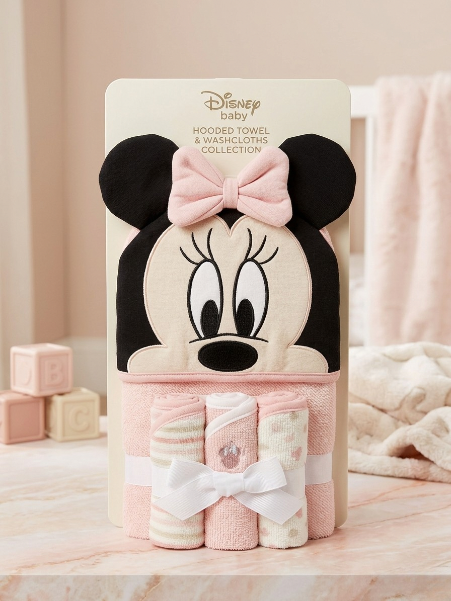 SET DE 4 PIEZAS: TOALLA CON CAPUCHA Y PAÑOS DE LIMPIEZA MINNIE