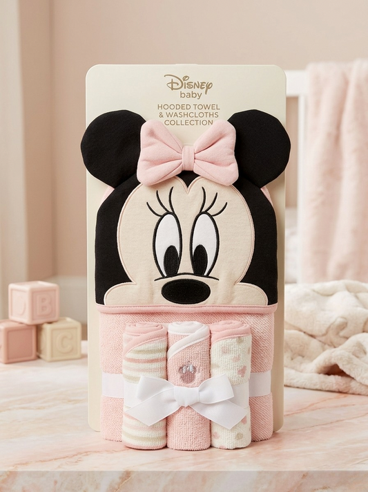 SET DE 4 PIEZAS: TOALLA CON CAPUCHA Y PAÑOS DE LIMPIEZA MINNIE