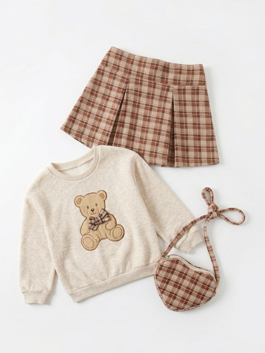 SET 3 PIEZAS FALDA CUADRICULADA CON OSO