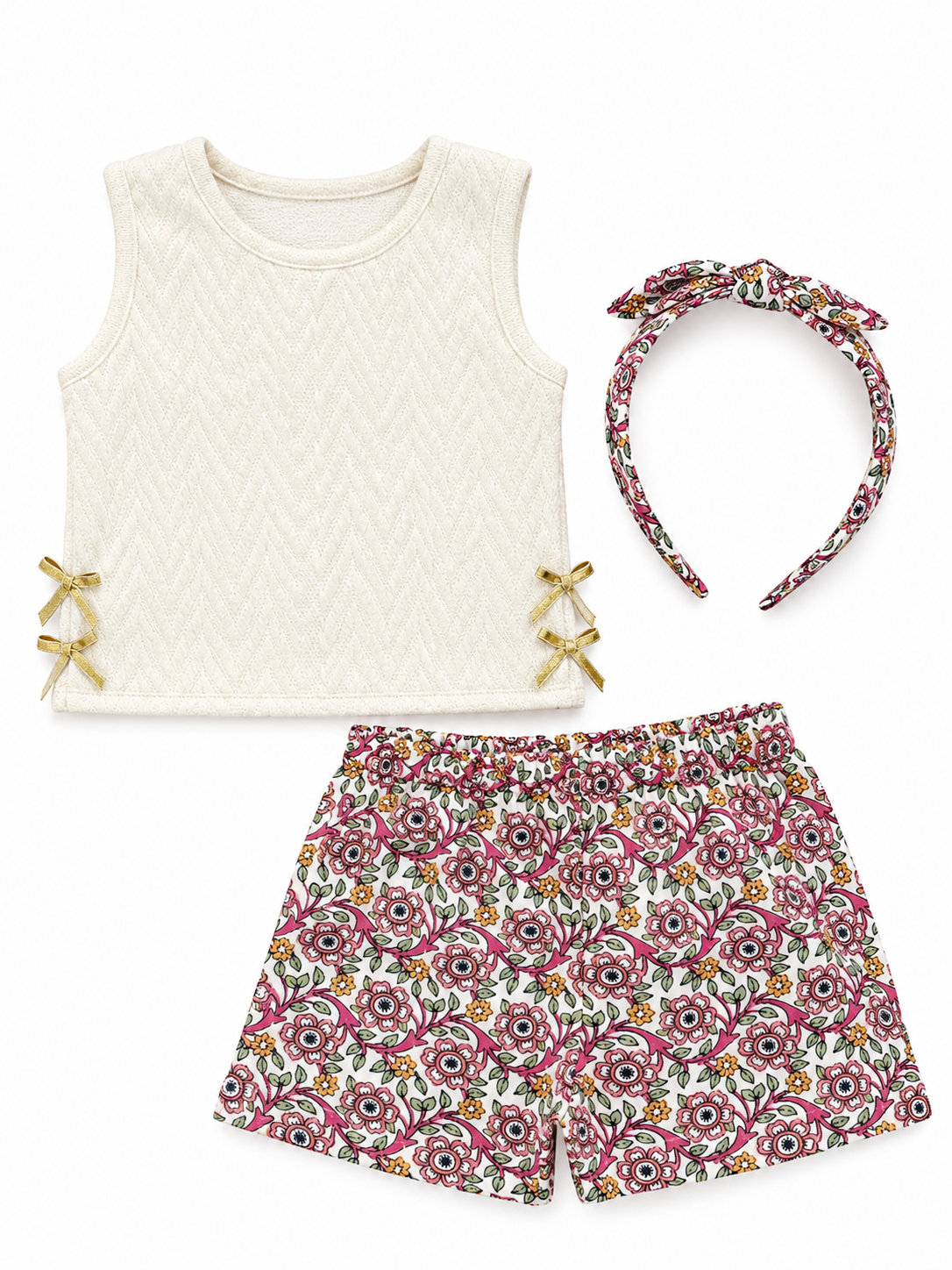 SET 3 PIEZAS BEIGE SHORT FLOREADO