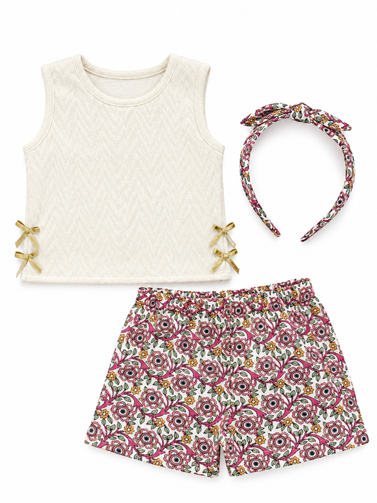 SET 3 PIEZAS BEIGE SHORT FLOREADO
