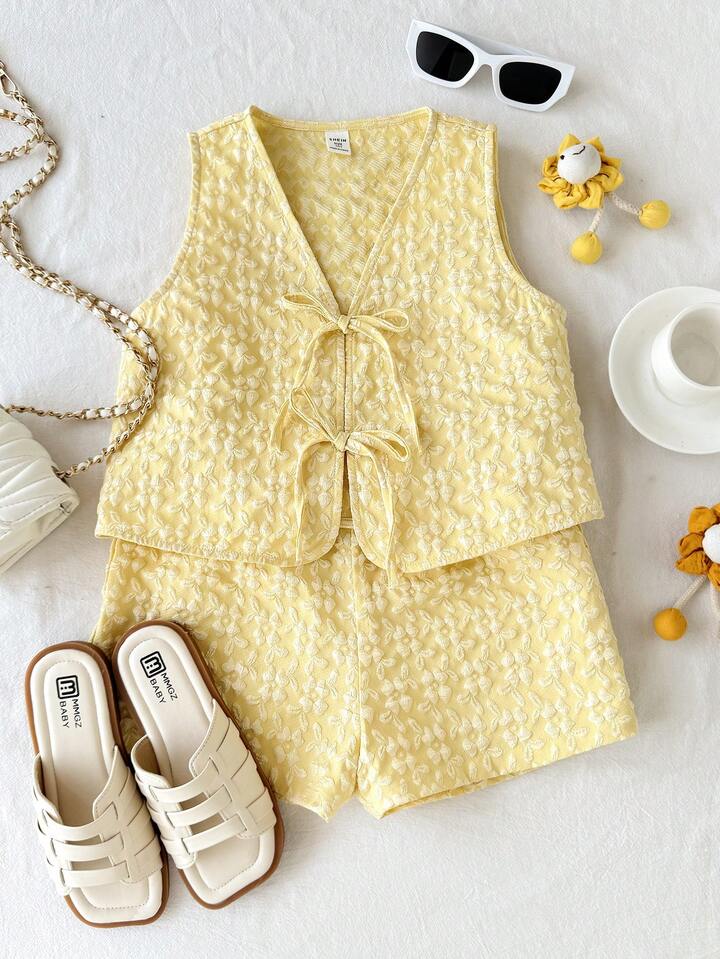 CONJUNTO SHORT AMARILLO TOP CON LAZOS