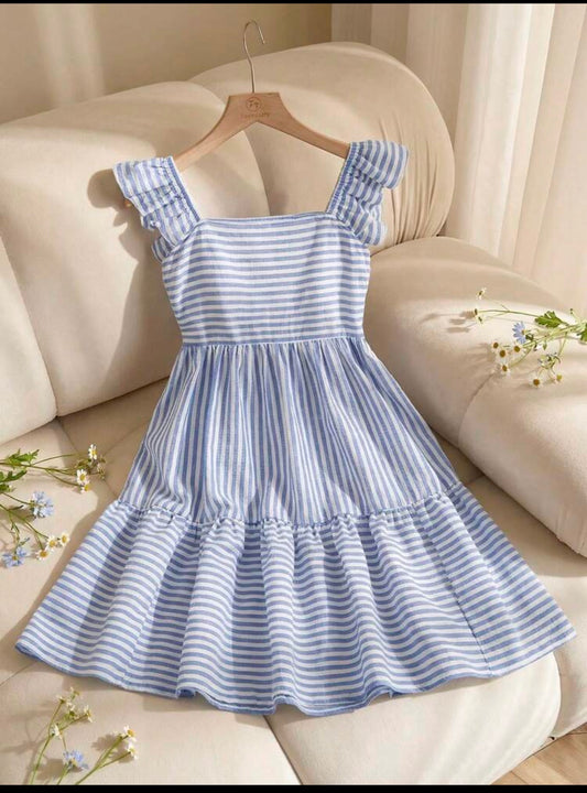 VESTIDO CELESTE RAYADO CHONGO ESPALDA