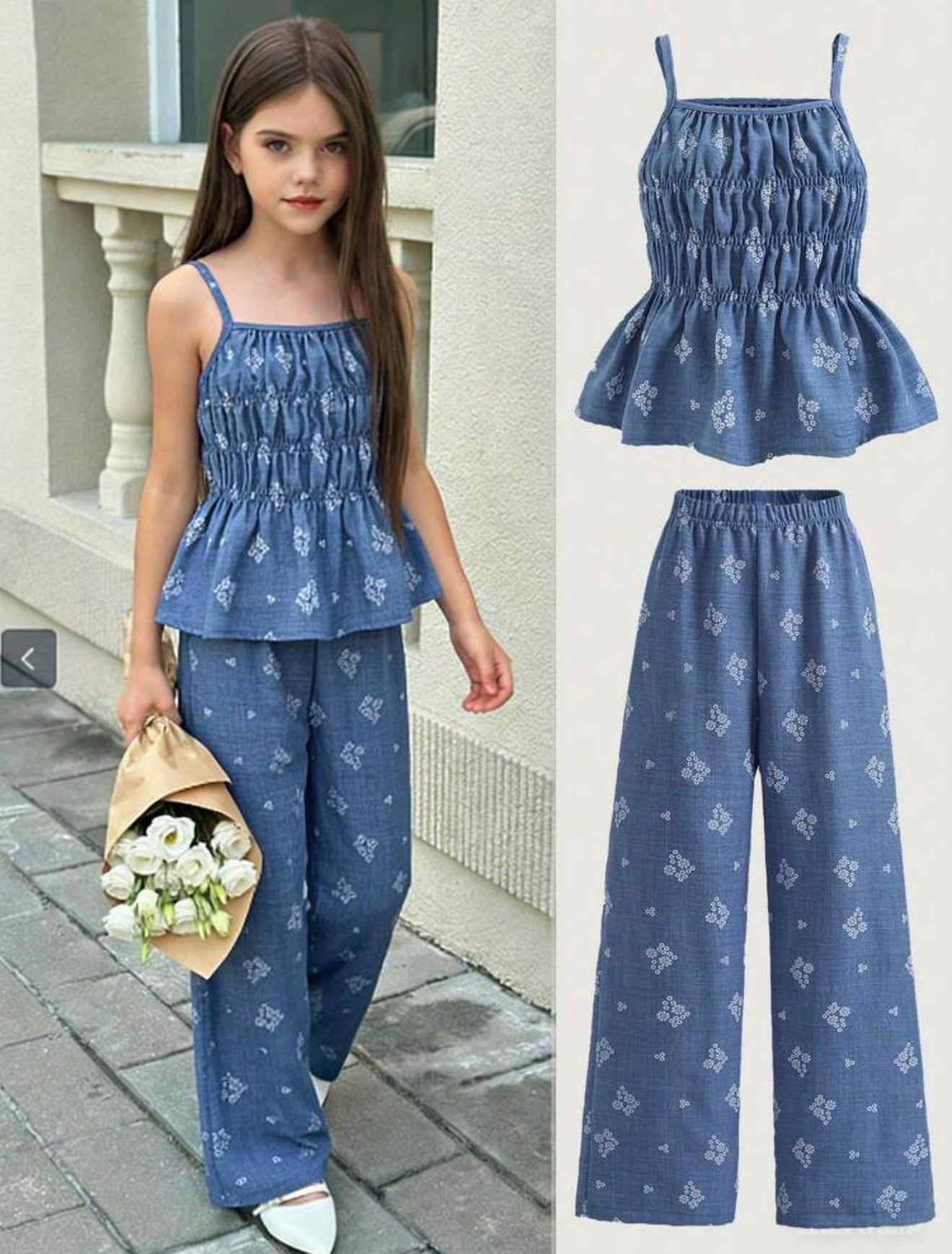 CONJUNTO 2 PIEZA AZUL FLORES