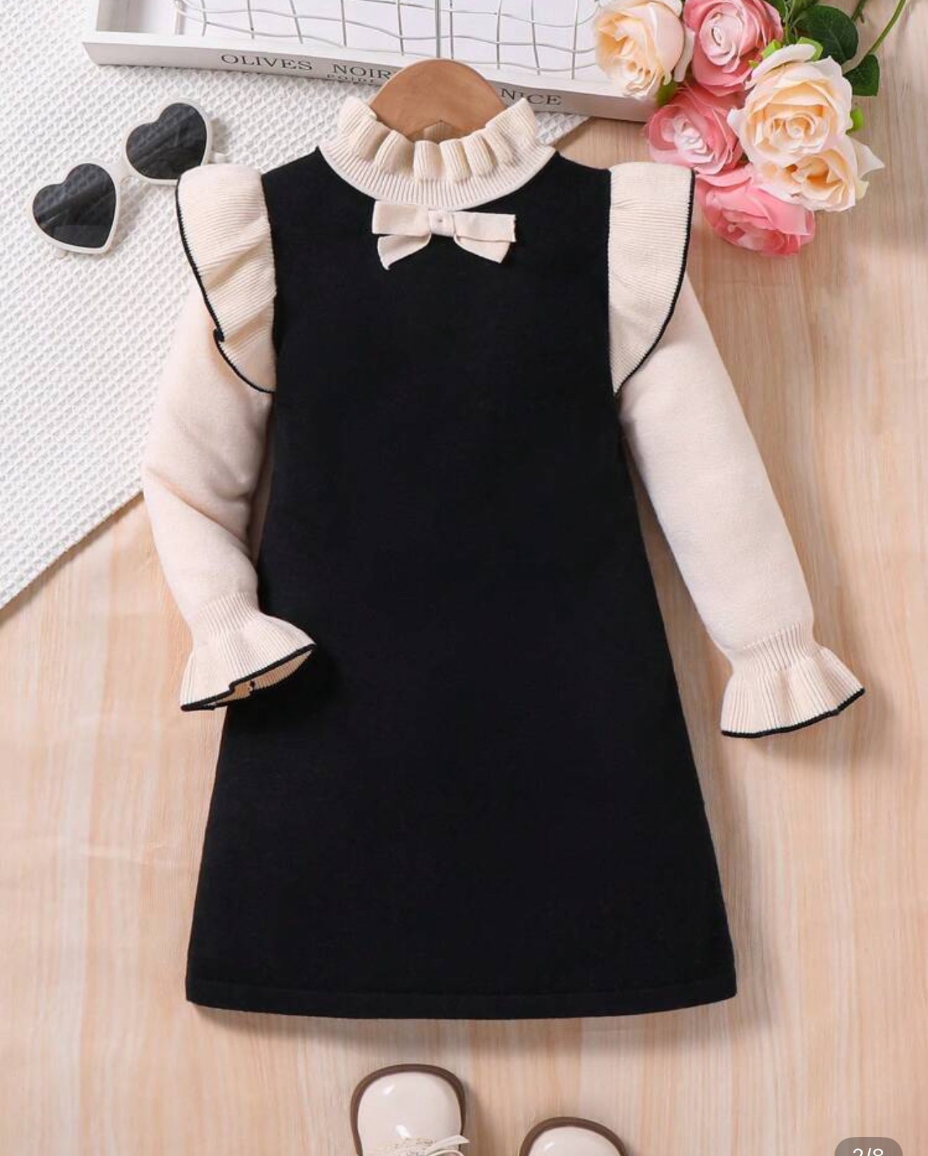 Vestido Sueter  Negro con detalles Beige