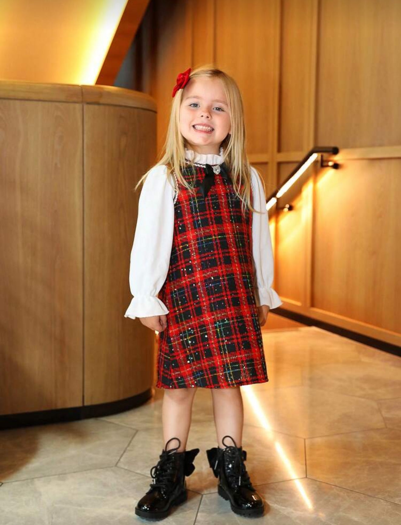 VESTIDO TWEED ROJO CON CHONGO Y BRILLOS