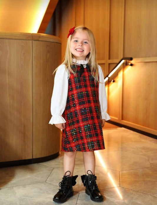 VESTIDO TWEED ROJO CON CHONGO Y BRILLOS