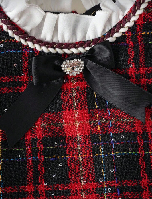 VESTIDO TWEED ROJO CON CHONGO Y BRILLOS