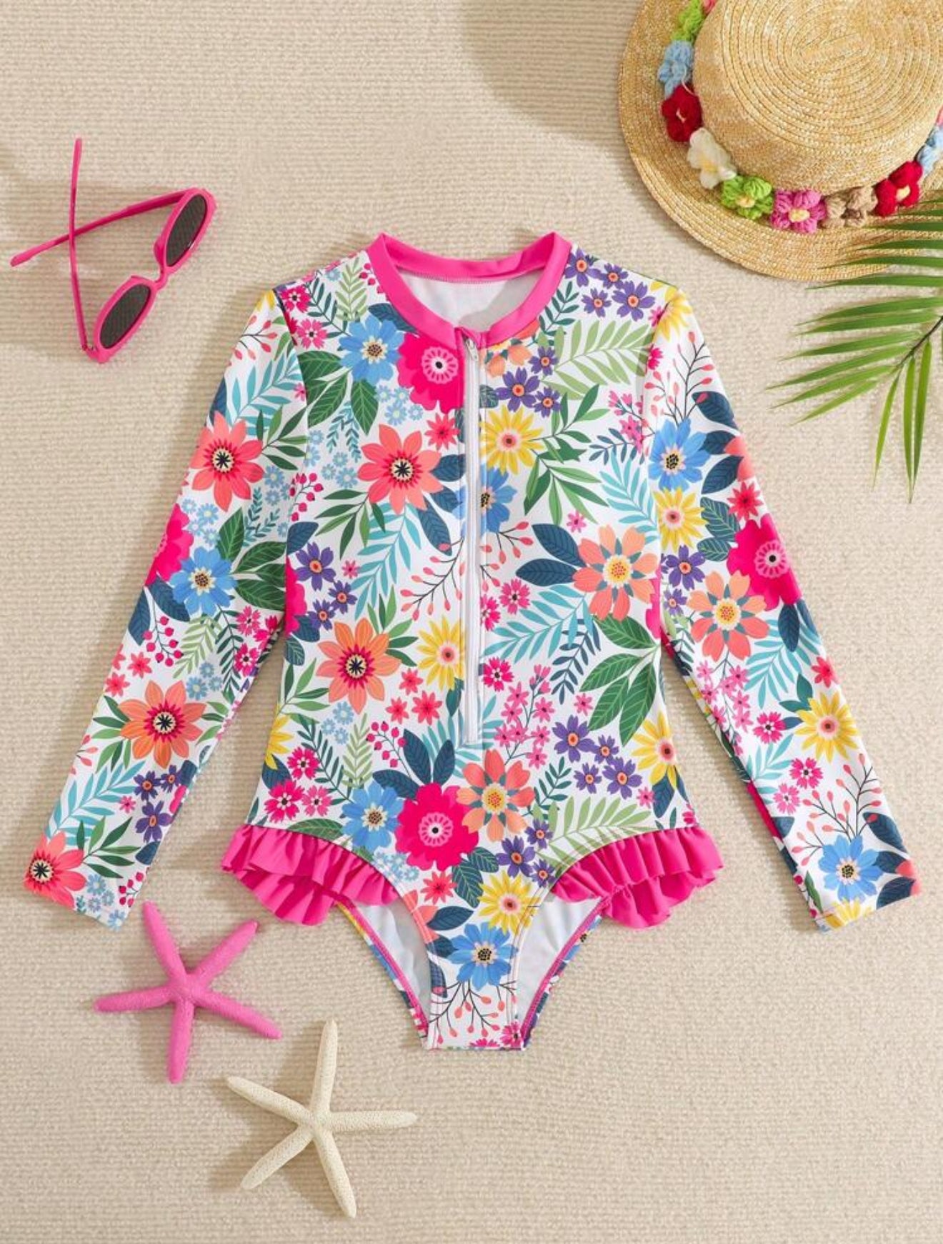 Traje de Baño Manga Larga 2 flores fuscia
