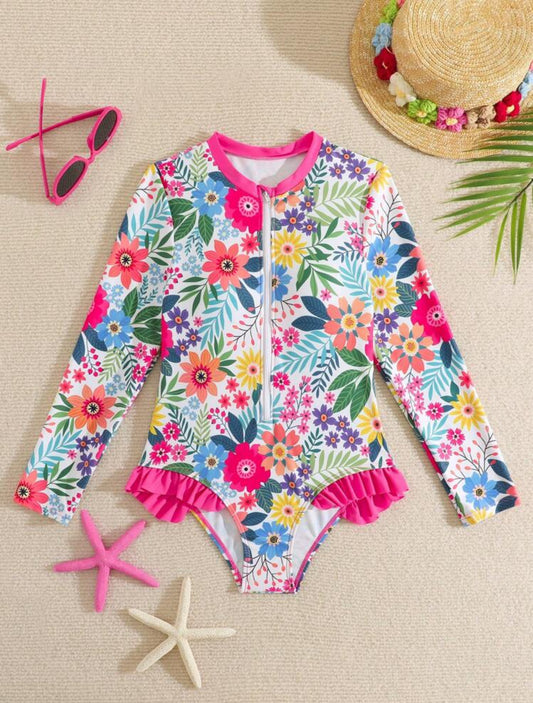 Traje de Baño Manga Larga 2 flores fuscia