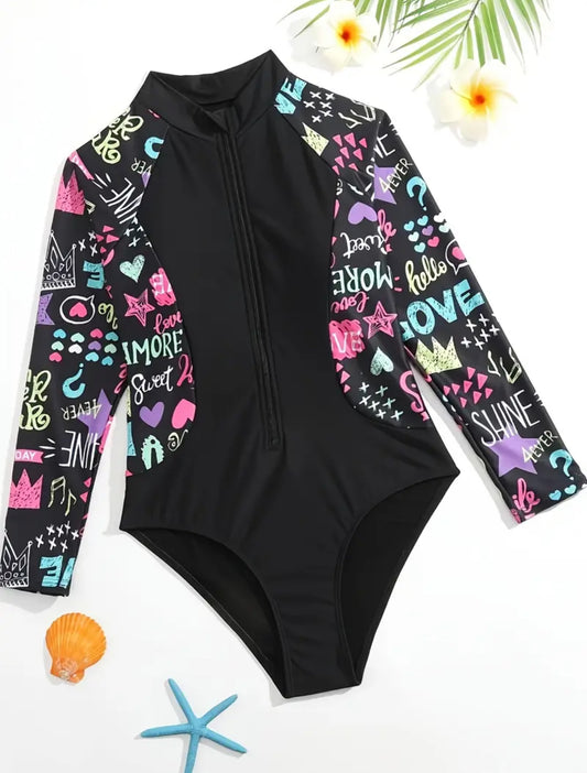 Traje de Baño Manga Larga Multicolor y negro
