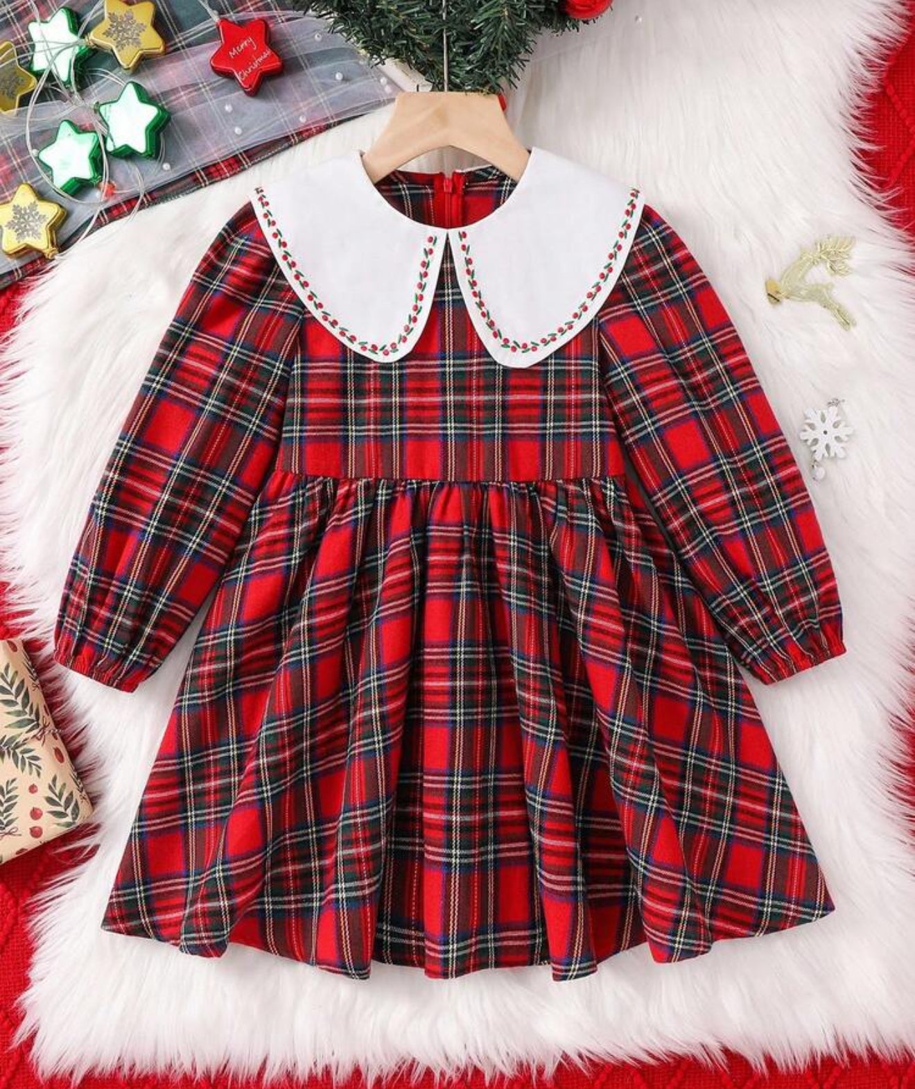 vestido rojo navideño cuello flores