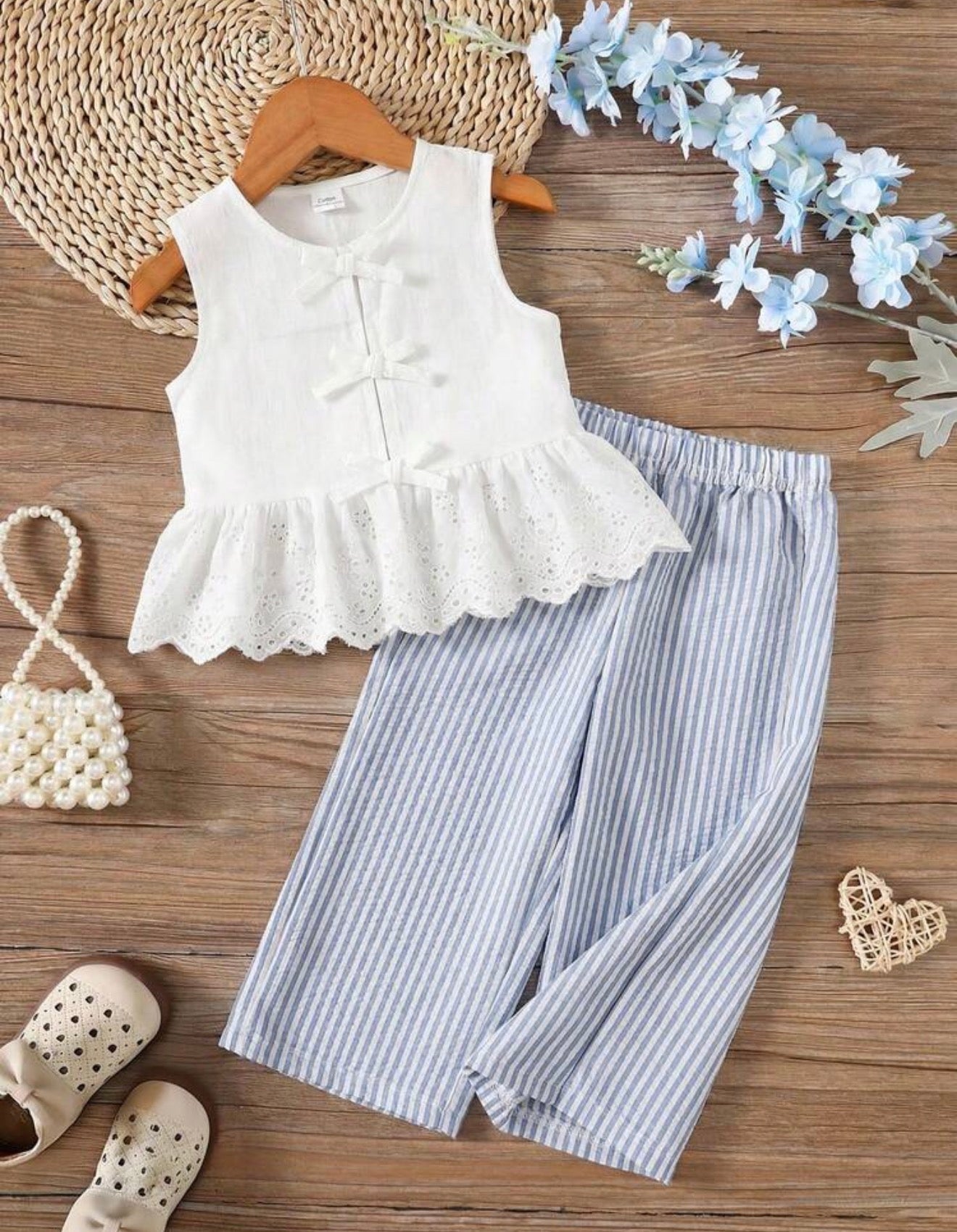 CONJUNTO PANT Y CAMISA ENCAJE NIÑA AZUL Y BLANCO